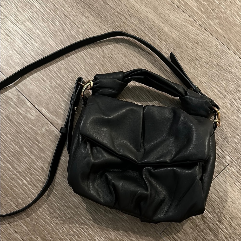 Anthropologie Ruched Faux Leather Crossbody Bag – Black Slouchy Purse